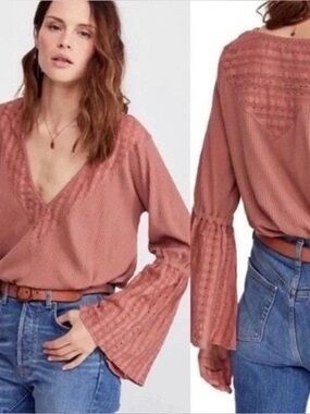 Free People Parisian Nights Bell Sleeve and Lace Waffle Knit Top in Dusty Rose S